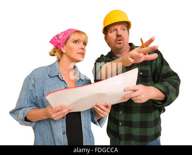 Male Contractor in Hard Hat Discussing Plans with Woman Isolated On A White Background. Stock Photo