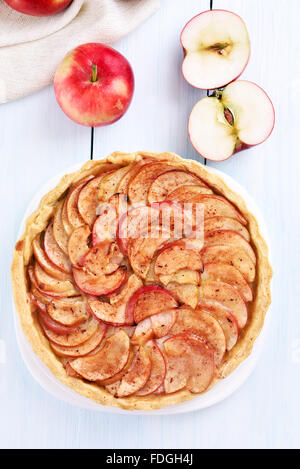 Apple pie on wooden table, top view Stock Photo