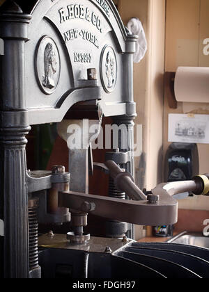 Detail view of hand operated printing press. It is still functioning today. Stock Photo