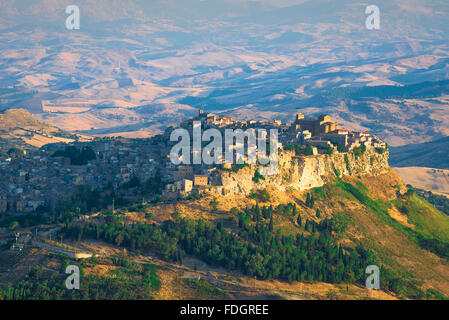 Calascibetta Sicily, aerial view of the hill-top town of Calascibetta at sunrise, central Sicily. Stock Photo