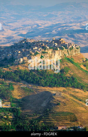 Sicily hill town, aerial view at sunrise of the hill-top town of Calascibetta, central Sicily. Stock Photo