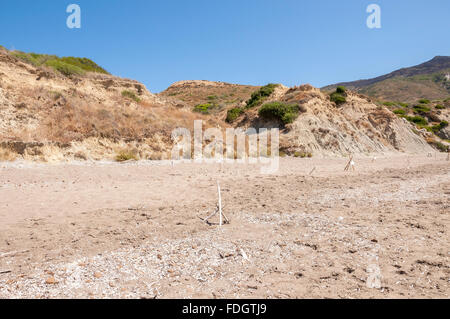 Special constructions protects turtles eggs on the sandy beach. Zakynthos, Greece Stock Photo