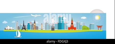 Long banner on the topic of traveling around the world. Landmarks in the background of the city. Opera House, Pisa, Eiffel, Big Ben, Tower. Stock Vector