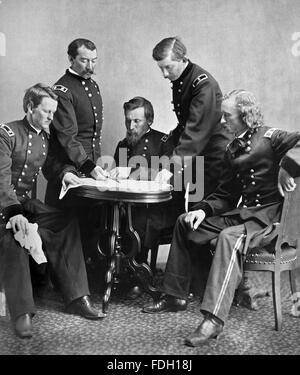 American Civil War photograph showing Union Army Generals Wesley Merritt, Philip Sheridan, George Crook, James William Forsyth, and George Armstrong Custer. First published in Harper's Weekly, June 24 1865