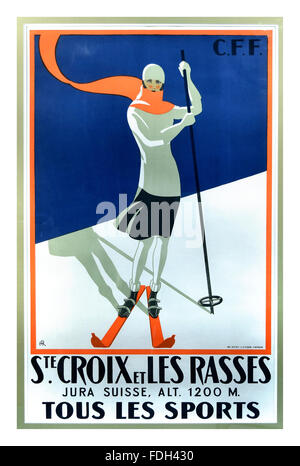 1930's Vintage ski-ing poster Ste.Croix et Les Rasses Suisse train travel poster CFF Jura Switzerland Stock Photo