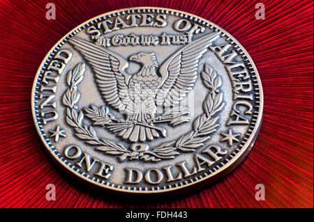 Close view on replica historic rare 'Morgan' American silver dollar Stock Photo
