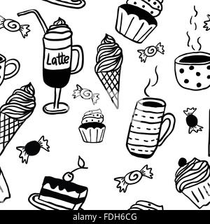 Sweet seamless pattern with drinks and sweets Stock Vector