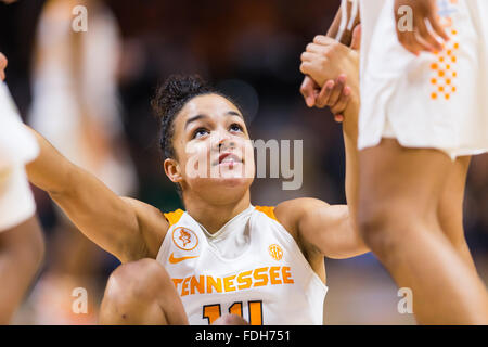 January 31, 2016: Andraya Carter #14 of the Tennessee Lady Volunteers gets a little help getting up after a foul during the NCAA basketball game between the University of Tennessee Lady Volunteers and the University of Alabama Crimson Tide at Thompson Boling Arena in Knoxville TN Tim Gangloff/CSM Stock Photo
