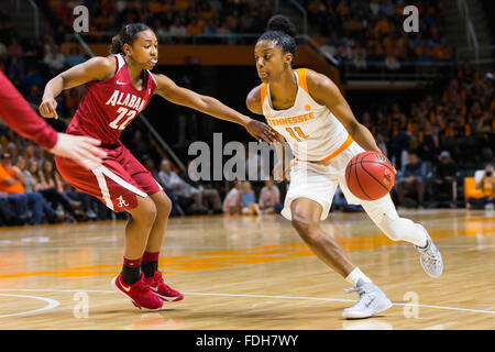 January 31, 2016: Diamond DeShields #11 of the Tennessee Lady Volunteers drives to the basket against Karyla Middlebrook #22 of the Alabama Crimson Tide during the NCAA basketball game between the University of Tennessee Lady Volunteers and the University of Alabama Crimson Tide at Thompson Boling Arena in Knoxville TN Tim Gangloff/CSM Stock Photo