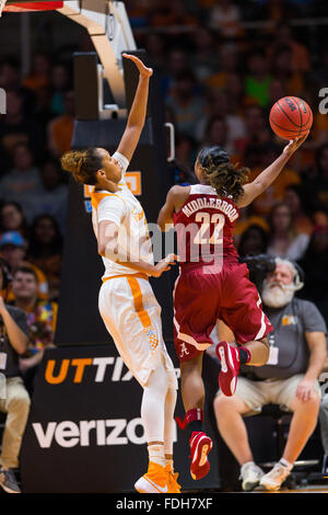 January 31, 2016: Karyla Middlebrook #22 of the Alabama Crimson Tide shoots the ball against Mercedes Russell #21 of the Tennessee Lady Volunteers during the NCAA basketball game between the University of Tennessee Lady Volunteers and the University of Alabama Crimson Tide at Thompson Boling Arena in Knoxville TN Tim Gangloff/CSM Stock Photo