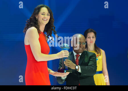 Budapest, Hungary. 31st Jan, 2016. Jessica Steffens (L) of the United States receives the trophy for the best female water polo team during the 2015 FINA World Aquatics Gala, or the FINA Best Athletes of the Year of 2015 awarding ceremony, in Budapest, Hungary, Jan. 31, 2016. FINA named Gary Hunt the best male high diver of the year 2015. Credit:  Attila Volgyi/Xinhua/Alamy Live News Stock Photo