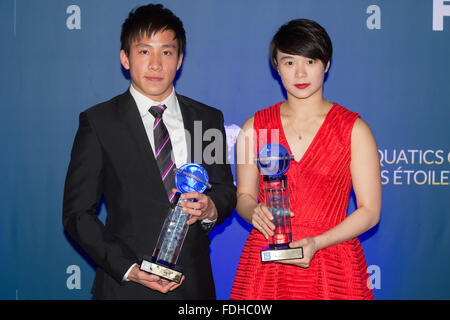 Budapest, Hungary. 31st Jan, 2016. China's He Chao (L) and Shi Tingmao pose with their trophies after the 2015 FINA World Aquatics Gala, or the FINA Best Athletes of the Year of 2015 awarding ceremony, in Budapest, Hungary, Jan. 31, 2016. FINA named China's He Chao the best male diver and his compatriot Shi Tingmao the best female diver of the year 2015. Credit:  Attila Volgyi/Xinhua/Alamy Live News Stock Photo