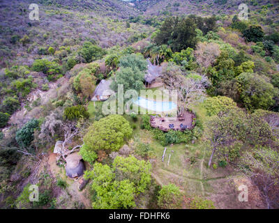 Aerial of a Lodge at Phophonyane Falls in Giggs Peak, Swaziland, Africa. Stock Photo