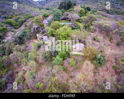 Aerial of a Lodge at Phophonyane Falls in Giggs Peak, Swaziland, Africa. Stock Photo