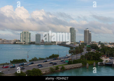 MacArthur Causeway seen from the Main Channel, In Miami Stock Photo