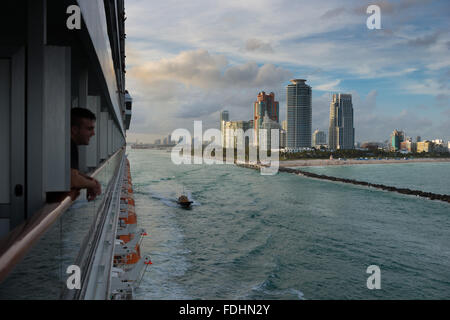 South Beach Miami and port entrance from departing cruising ship Stock Photo