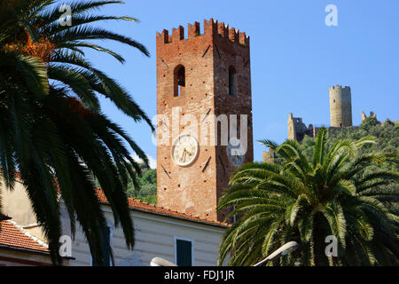 Medieval town Noli with Family tower and  ruin of Castle, Liguria, Gulf of Ponente, Italy Stock Photo