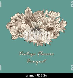 Vintage flowers composition on dark teal background Stock Vector