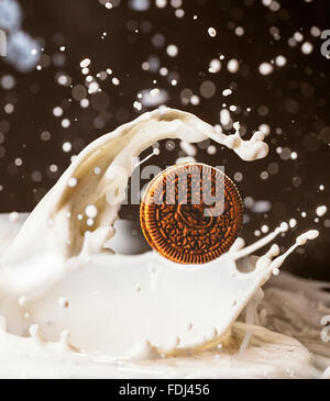 cookies and milk splash on dark  background Stock Photo