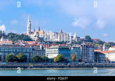 Castle Hill with Matthias Church and Fisherman's Bastion on Buda side of Danube River. Budapest, Hungary Stock Photo