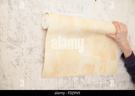 Hands and wallpaper indoors Stock Photo