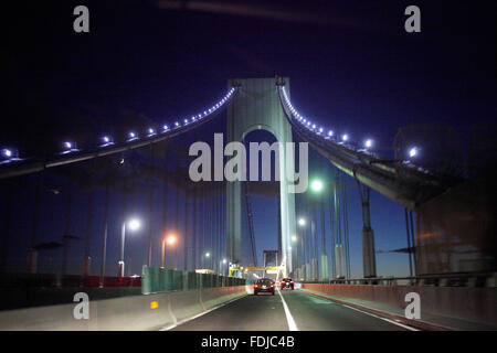 New York City, USA, lit Verrazano-Narrows Bridge at night Stock Photo