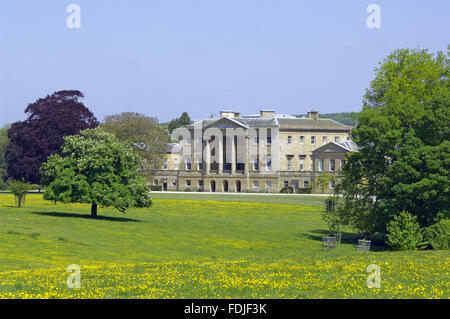 View across the parkland to the west front at Basildon Park, built 1776-83 by John Carr for Francis Sykes, at Lower Basildon, Reading, Berkshire. Stock Photo