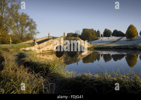 The Oxford Bridge on a frosty day at Stowe Landscape Gardens, Buckinghamshire.