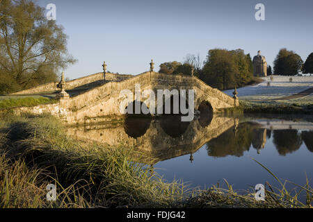 The Oxford Bridge on a frosty day at Stowe Landscape Gardens, Buckinghamshire.