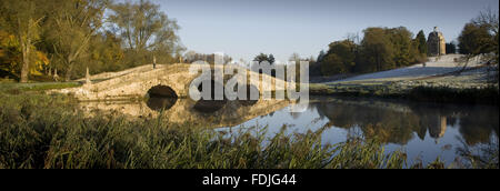 Panoramic view of the Oxford Bridge on a frosty day at Stowe Landscape Gardens, Buckinghamshire.