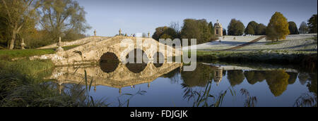 The Oxford Bridge on a frosty day at Stowe Landscape Gardens, Buckinghamshire.