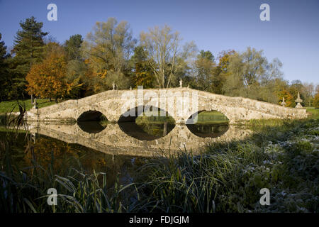 The Oxford Bridge on a frosty day at Stowe Landscape Gardens, Buckinghamshire.
