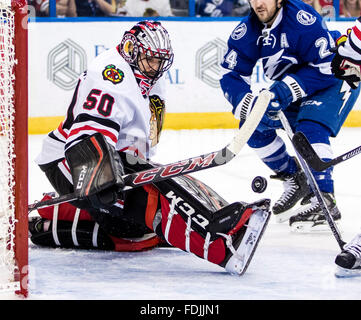 Chicago Blackhawks Goalie Corey Crawford (50) Stretches To Collect The 