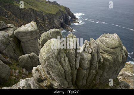 Granite stacks on the west coast of Lundy. Lundy, 18 kilometres off the north Devon coast, is owned by The National Trust, but is financed, administered and maintained by the Landmark Trust. Stock Photo
