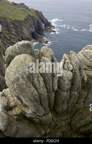Granite stacks on the west coast of Lundy. Lundy, 18 kilometres off the north Devon coast, is owned by The National Trust, but is financed, administered and maintained by the Landmark Trust. Stock Photo