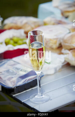 Glass of champagne and a picnic, at an outdoor music concert at Blickling Hall, Norfolk, in July. The event, called the 'Greatest 80s Party', featured bands and singers from the 1980s. Stock Photo