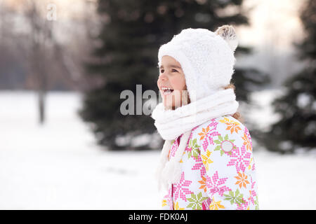 Happy girl laughing in forest Stock Photo