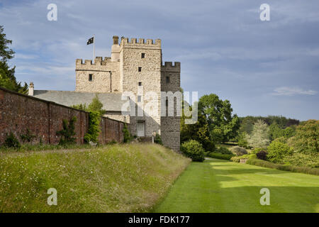 View along the Top Terrace from the south west to the solar tower which dates from middle of the fourteenth century at Sizergh Castle, near Kendal, Cumbria. Stock Photo