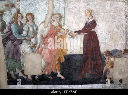 Venus and the Three Graces offering gifts to a young lady. Fresco.1483-85. By Sandro Botticelli (1445-1510). Early Renaissance. Stock Photo