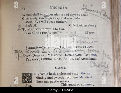 Detail of William Shakespeare, Macbeth, a Tragedy: as Arranged for the Stage by Henry Irving and Presented at the Lyceum Theatre (London, 1888), marked by Ellen Terry, at Smallhythe Place, Kent. Stock Photo