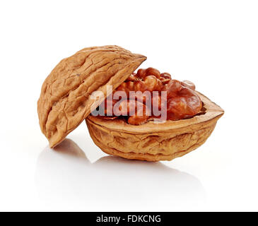 Cracked walnut on white background, isolated, closeup Stock Photo