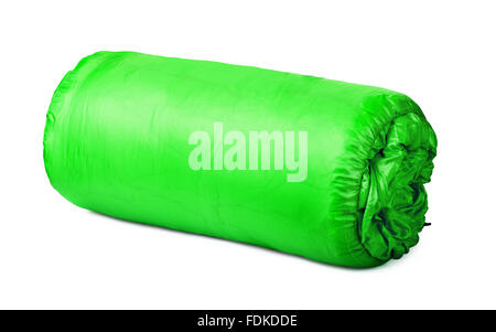 Rolled green camping bed isolated on white Stock Photo