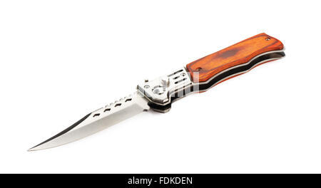 Steel pocket knife with wood handle isolated on a white background Stock Photo