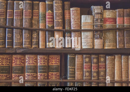 Antique books on wooden shelves Stock Photo