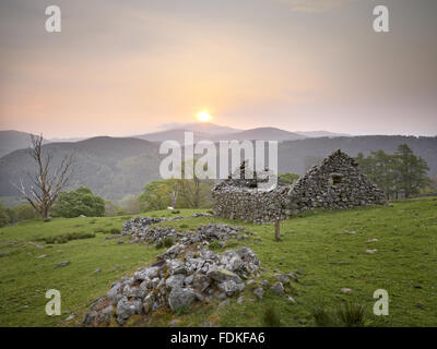 Ruins of a house at sunrise on the Dolmelynllyn Estate, Gwynedd, Wales ...