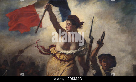 July 28, 1830. Liberty leading the people, 1831. By Eugene Delacroix (1798-1863). Detail. Louvre Museum. Paris. France. Stock Photo