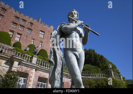 C18th lead statue of a shepherd by John Van Nost on the Orangery terrace at Powis Castle and Garden, Powys. Stock Photo