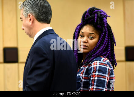 Fort Lauderdale, FL, USA. 29th Jan, 2016. Florida, USA - United States - FL-rolex-robber-sentencing-1 : Subhanna Beyah, 27, standing next to her attorney after her sentencing by Judge Lisa Porter Friday in Fort Lauderdale. Beyah, first introduced as ''šÃ„ÃºWatch Out for Crystal,''šÃ„Ã¹, 27, has pleaded no contest to going home with a Pompano Beach man she met at a bar and stealing three handguns, a diamond-encrusted rolex and three marquise diamonds valued at $300,000 after he passed out. TAIMY ALVAREZ/SUN-SENTINEL © Sun-Sentinel/ZUMA Wire/Alamy Live News Stock Photo