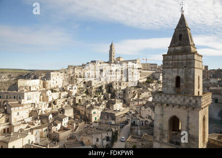 view over town from Convent of Saint Agostino with Bell tower of the St. Pietro Barisano Church, Matera, Basilicata, Italy Stock Photo