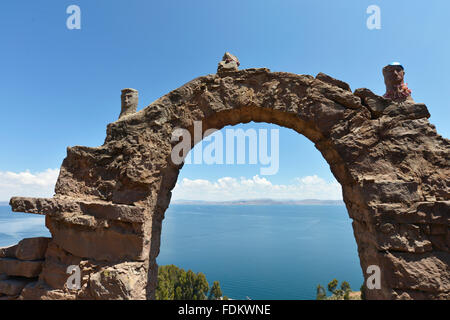 Rocky Arch on Taquile Island in Titicaca lake, Puno, Peru. Stock Photo